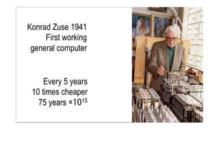 Konrad Zuse 1941
First working
general computer
Every 5 years
10 times cheaper
75 years ≅1015
 