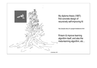 R-learn & improve learning
algorithm itself, and also the
meta-learning algorithm, etc…
My diploma thesis (1987):
first concrete design of
recursively self-improving AI
http://people.idsia.ch/~juergen/metalearner.html
 