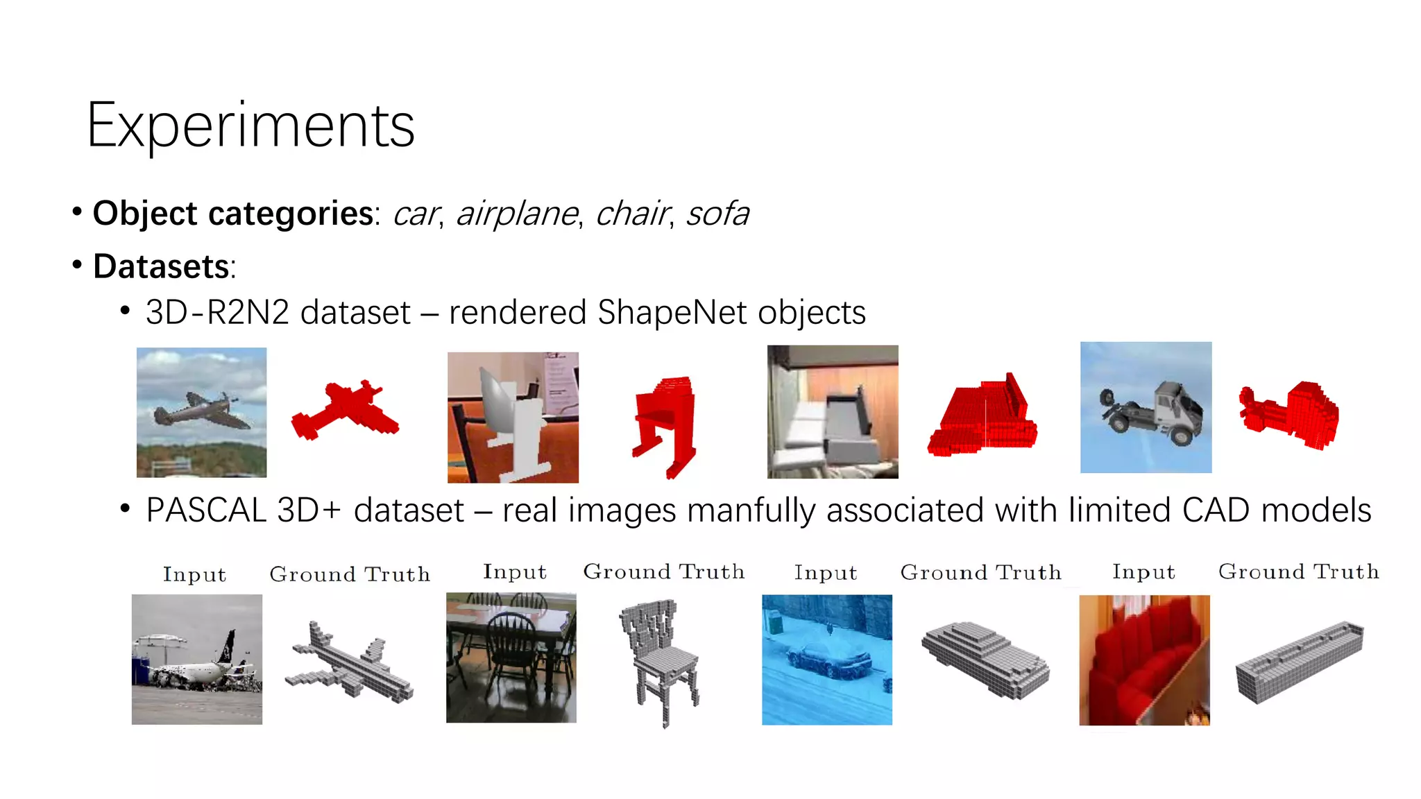 • Object categories: car, airplane, chair, sofa • Datasets: • 3D-R2N2 dataset – rendered ShapeNet objects • PASCAL 3D+ dataset – real images manfully associated with limited CAD models Experiments 