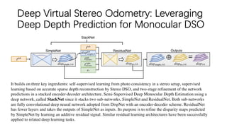 Deep Virtual Stereo Odometry: Leveraging
Deep Depth Prediction for Monocular DSO
It builds on three key ingredients: self-supervised learning from photo consistency in a stereo setup, supervised
learning based on accurate sparse depth reconstruction by Stereo DSO, and two-stage refinement of the network
predictions in a stacked encoder-decoder architecture. Semi-Supervised Deep Monocular Depth Estimation using a
deep network, called StackNet since it stacks two sub-networks, SimpleNet and ResidualNet. Both sub-networks
are fully convolutional deep neural network adopted from DispNet with an encoder-decoder scheme. ResidualNet
has fewer layers and takes the outputs of SimpleNet as inputs. Its purpose is to refine the disparity maps predicted
by SimpleNet by learning an additive residual signal. Similar residual learning architectures have been successfully
applied to related deep learning tasks.
 