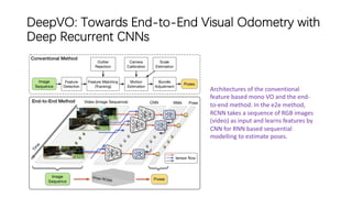 DeepVO: Towards End-to-End Visual Odometry with
Deep Recurrent CNNs
Architectures of the conventional
feature based mono VO and the end-
to-end method. In the e2e method,
RCNN takes a sequence of RGB images
(video) as input and learns features by
CNN for RNN based sequential
modelling to estimate poses.
 