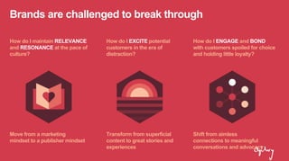 Brands are challenged to break through
How do I maintain RELEVANCE
and RESONANCE at the pace of
culture?
How do I EXCITE potential
customers in the era of
distraction?
How do I ENGAGE and BOND
with customers spoiled for choice
and holding little loyalty?
Move from a marketing
mindset to a publisher mindset
Transform from superficial
content to great stories and
experiences
Shift from aimless
connections to meaningful
conversations and advocacy
 