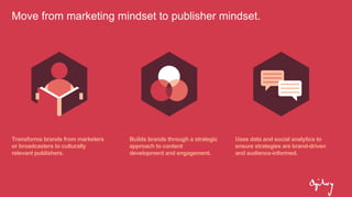 Transforms brands from marketers
or broadcasters to culturally
relevant publishers.
Builds brands through a strategic
approach to content
development and engagement.
Uses data and social analytics to
ensure strategies are brand-driven
and audience-informed.
Move from marketing mindset to publisher mindset.
 