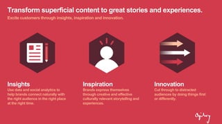Transform superficial content to great stories and experiences.
Excite customers through insights, inspiration and innovation.
Insights
Use data and social analytics to
help brands connect naturally with
the right audience in the right place
at the right time.
Inspiration
Brands express themselves
through creative and effective
culturally relevant storytelling and
experiences.
Innovation
Cut through to distracted
audiences by doing things first
or differently.
 