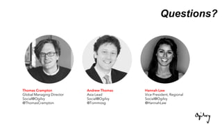 Questions?
Hannah Law
Vice President, Regional
Social@Ogilvy
@HannahLaw
Thomas Crampton
Global Managing Director
Social@Ogilvy
@ThomasCrampton
Andrew Thomas
Asia Lead
Social@Ogilvy
@Tommosg
 
