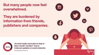 But many people now feel
overwhelmed.
They are burdened by
information from friends,
publishers and companies.
41%
of social media users plan to stop or
take a break/“vacation” due to
irrelevant updates on social networks
SOURCE: MARKETING TECH BLOG 2013
 