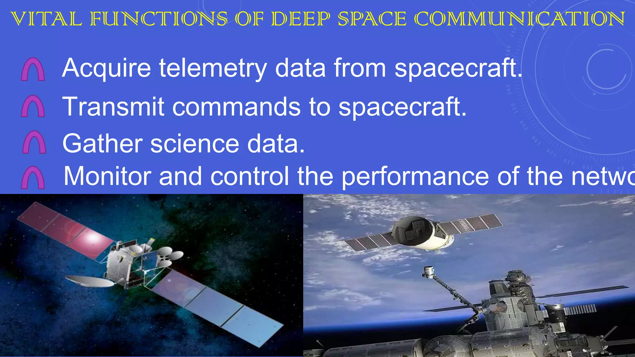 VITAL FUNCTIONS OF DEEP SPACE COMMUNICATION

Acquire telemetry data from spacecraft.
Transmit commands to spacecraft.
Gather science data.
Monitor and control the performance of the netwo

 