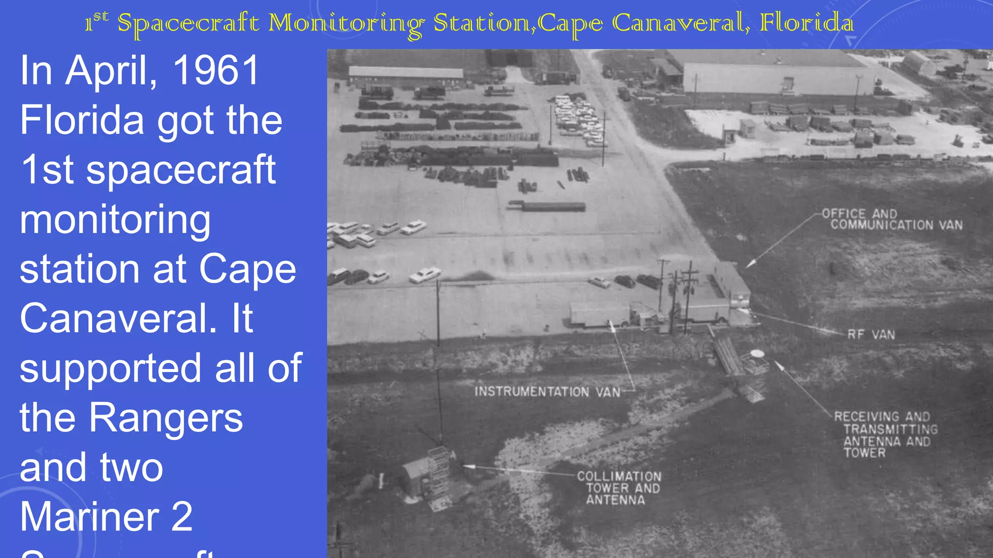 1st Spacecraft Monitoring Station,Cape Canaveral, Florida

In April, 1961
Florida got the
1st spacecraft
monitoring
station at Cape
Canaveral. It
supported all of
the Rangers
and two
Mariner 2

 