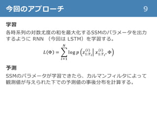 今回のアプローチ 9
学習
各時系列の対数尤度の和を最大化するSSMのパラメータを出力
するように RNN （今回は LSTM）を学習する。
予測
SSMのパラメータが学習できたら、カルマンフィルタによって
観測値が与えられた下での予測値の事後分布を計算する。
𝐿 Φ = ෍
𝑖=1
𝑁
log 𝑝 𝑧1:𝑇 𝑖
(𝑖)
𝑥1:𝑇 𝑖
(𝑖)
, Φ
 