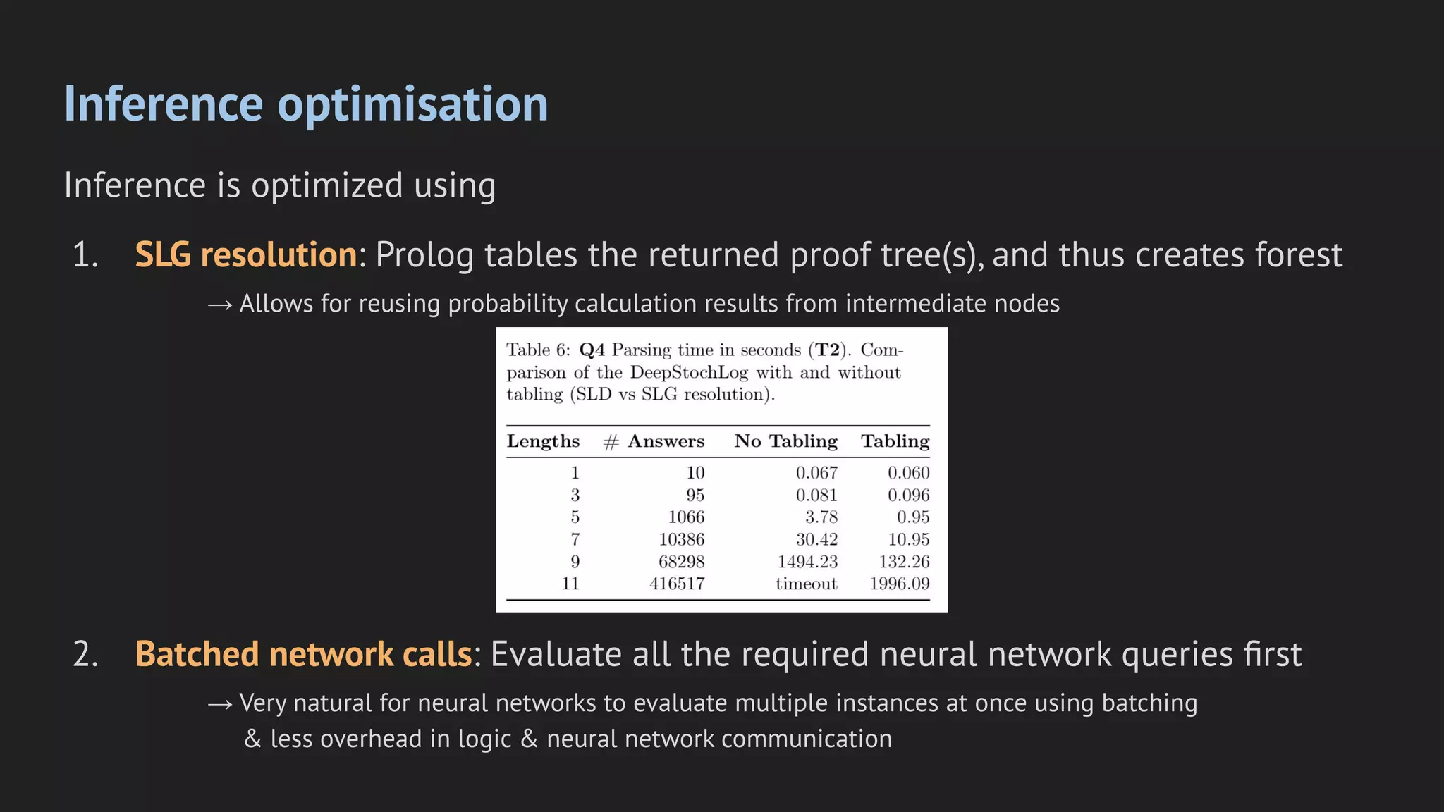 Inference optimisation
Inference is optimized using
1. SLG resolution: Prolog tables the returned proof tree(s), and thus creates forest
→ Allows for reusing probability calculation results from intermediate nodes
2. Batched network calls: Evaluate all the required neural network queries ﬁrst
→ Very natural for neural networks to evaluate multiple instances at once using batching
& less overhead in logic & neural network communication
 