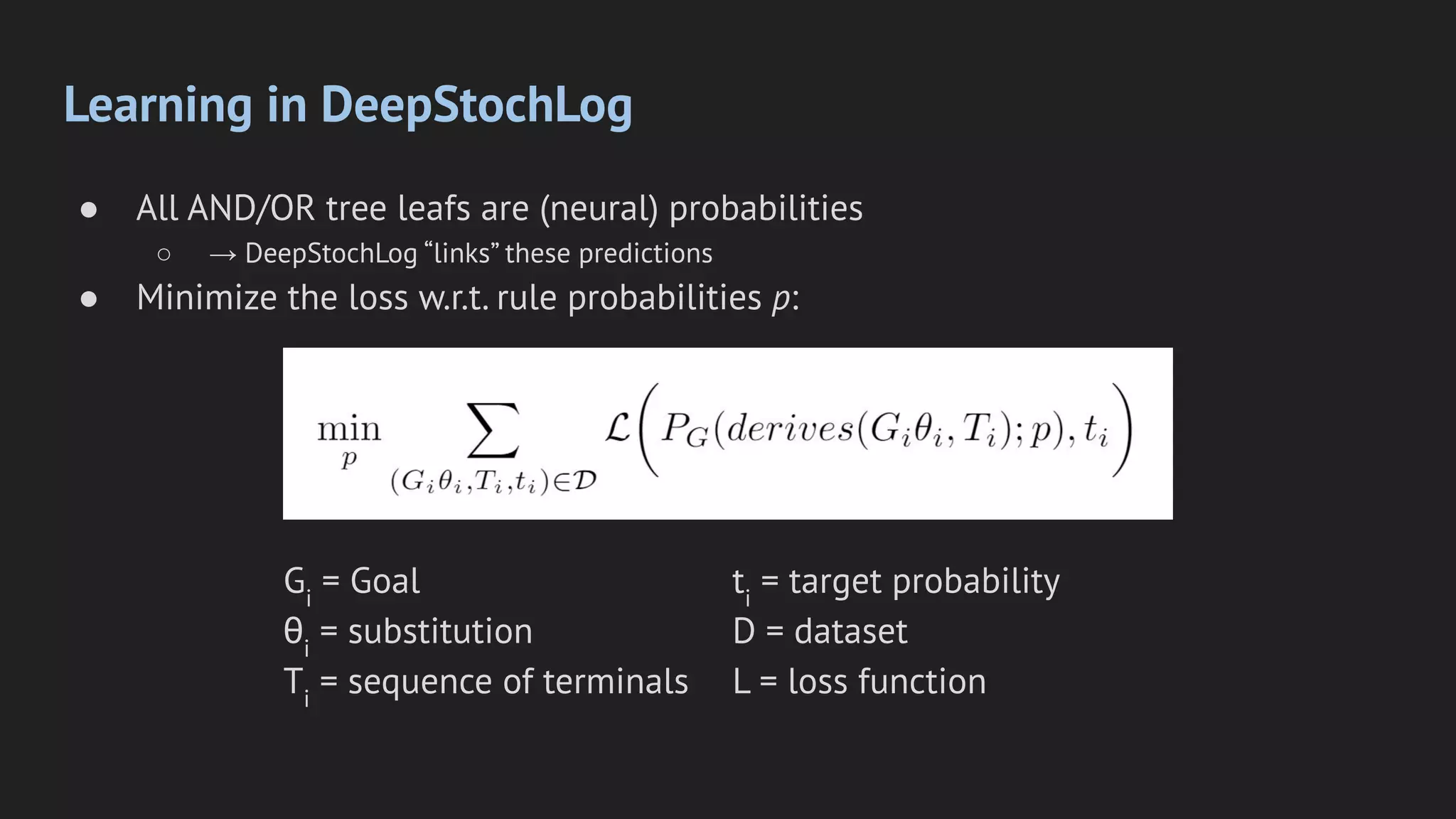 Learning in DeepStochLog
● All AND/OR tree leafs are (neural) probabilities
○ → DeepStochLog “links” these predictions
● Minimize the loss w.r.t. rule probabilities p:
ti
= target probability
D = dataset
L = loss function
Gi
= Goal
θi
= substitution
Ti
= sequence of terminals
 