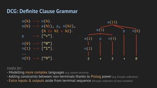 DCG: Deﬁnite Clause Grammar
e(N) --> n(N).
e(N) --> e(N1), p, n(N2),
{N is N1 + N2}.
p --> [“+”].
n(0) --> [“0”].
n(1) --> [“1”].
…
n(9) --> [“9”]. 2 + 3 + 8
n(2)
e(2)
e(5)
p n(3)
e(13)
p n(8)
Useful for:
- Modelling more complex languages (e.g. context-sensitive)
- Adding constraints between non-terminals thanks to Prolog power (e.g. through uniﬁcation)
- Extra inputs & outputs aside from terminal sequence (through uniﬁcation of input variables)
 