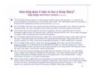 How long does it take to live a Deep Story?
Wag Dodge and twelve minutes [22,28,32,33]

“The Freytag staircase helps us to think about cradle-to-grave life narratives.” [27] But for the
practical purposes of learning we need shorter time-scales. The 1949 Mann Gulch Fire provides a
lesson in how rapidly deep stories can be enacted. [22,28,32,33]
At 5:45 Dodge turns the crew around and they start back up the gulch. He is still in his opening
liminal passage. We have a problem and routine procedure is the best option at this time.
As he moves back up the gulch he becomes suspicious, the fire is gaining and the current
procedure might not get the desired result, safety for himself and his crew. As he walks he begins

to explore other conceptual and environmental options.

At 5:53 Dodge departs from procedure, orders the crew to drop their packs, tools and to pick up
the pace. Suspicion begins to overwhelm the opening liminal passage. Exploration takes on

greater urgency, for some it becomes desperation and panic. A false cheap trick is enacted.
At 5:55 Dodge finds another cheap trick, the fire triangle and makes sense of the situation,

remove a corner. It’s a gamble but the environment is right. He sets the escape fire, a novel
semi-autonomous action. He has less then sixty seconds in the valley before the heavy lift when

he enters the ‘black,’ and the fire reaches his position.

AT 5:57 the fire has passed Dodge but caught thirteen members of his crew, the separation
event. Dodge never fully gets through the retrospective. The Forest Service however, quickly

realizes the product of Dodge’s deep story at the global level. They institutionalize “escape
fires/create the black” as a matter of procedure.

Deep stories help to explain how new archetypes are created but do little to shed light on how,
when or where decisions have been rendered. Furthermore, they require time-scales long enough
to enact the story, something incompatible with adversarial decision-making i.e. 1v1. These
aspects are covered by the shorter time-scales of OODA, LIDA cycles and loops.
17

 