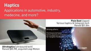 Haptics
Applications in automotive, industry,
medecine, and more?
Pixie Dust (Japan)
Various haptics & hologram tech
Raise...