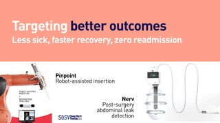 Targeting better outcomes
Less sick, faster recovery, zero readmission
DeepTech
Trends2019
Pinpoint
Robot-assisted inserti...