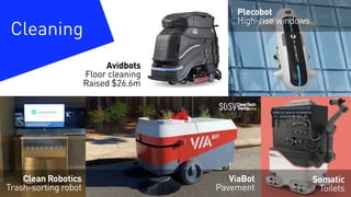 Cleaning
Avidbots
Floor cleaning
Raised $26.6m
Plecobot
High-rise windows
ViaBot
Pavement
Somatic
Toilets
DeepTech
Trends2...