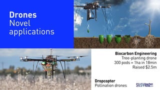 Biocarbon Engineering
Tree-planting drone
300 pods = 1ha in 18min
Raised $2.5m
Dropcopter
Pollination drones DeepTech
Tren...