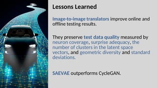 Image-to-image translators improve online and
offline testing results.
They preserve test data quality measured by
neuron coverage, surprise adequacy, the
number of clusters in the latent space
vectors, and geometric diversity and standard
deviations.
SAEVAE outperforms CycleGAN.
Lessons Learned
 