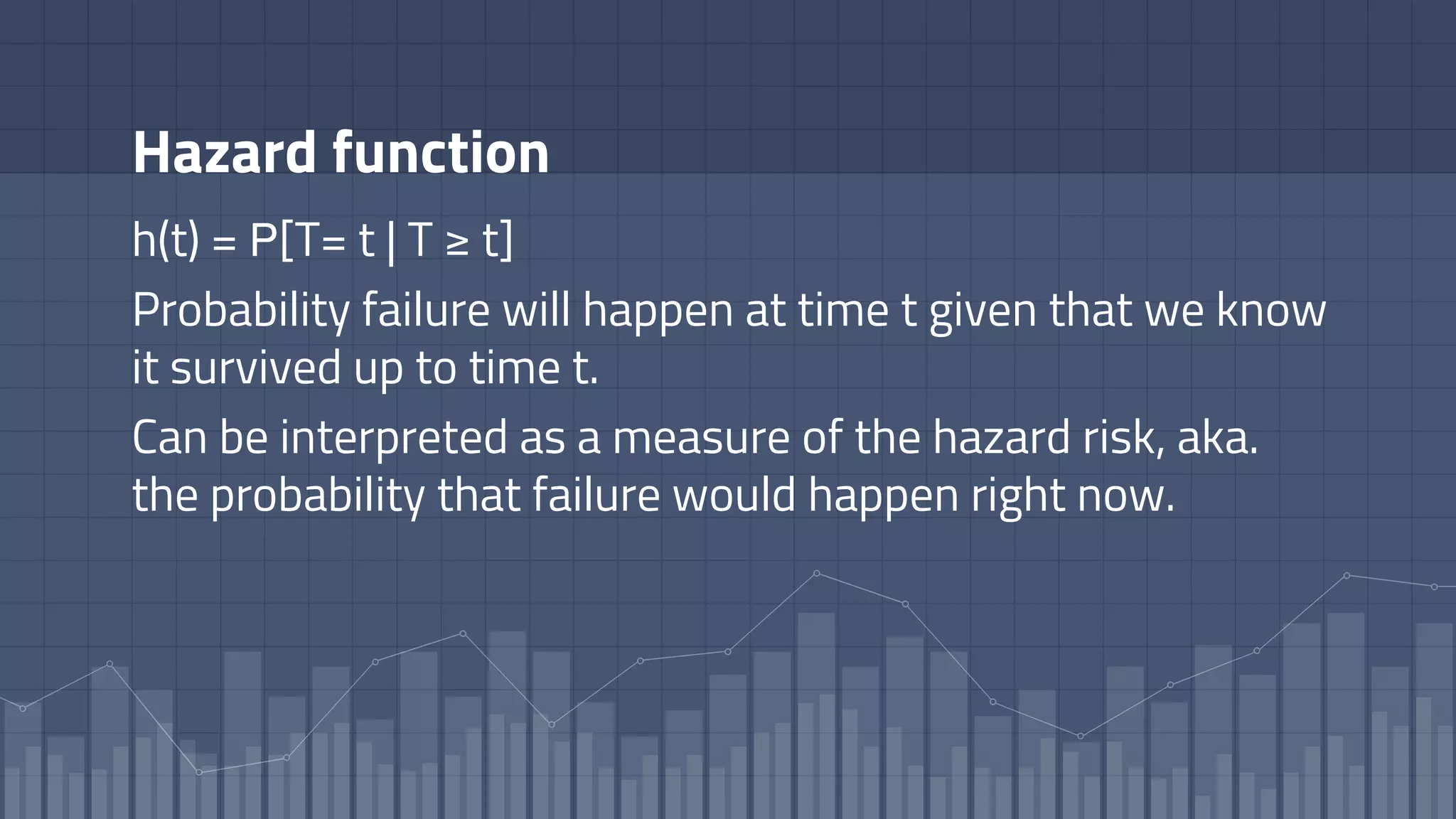 Hazard function
h(t) = 𝖯[T= t | T ≥ t]
Probability failure will happen at time t given that we know
it survived up to time t.
Can be interpreted as a measure of the hazard risk, aka.
the probability that failure would happen right now.
 