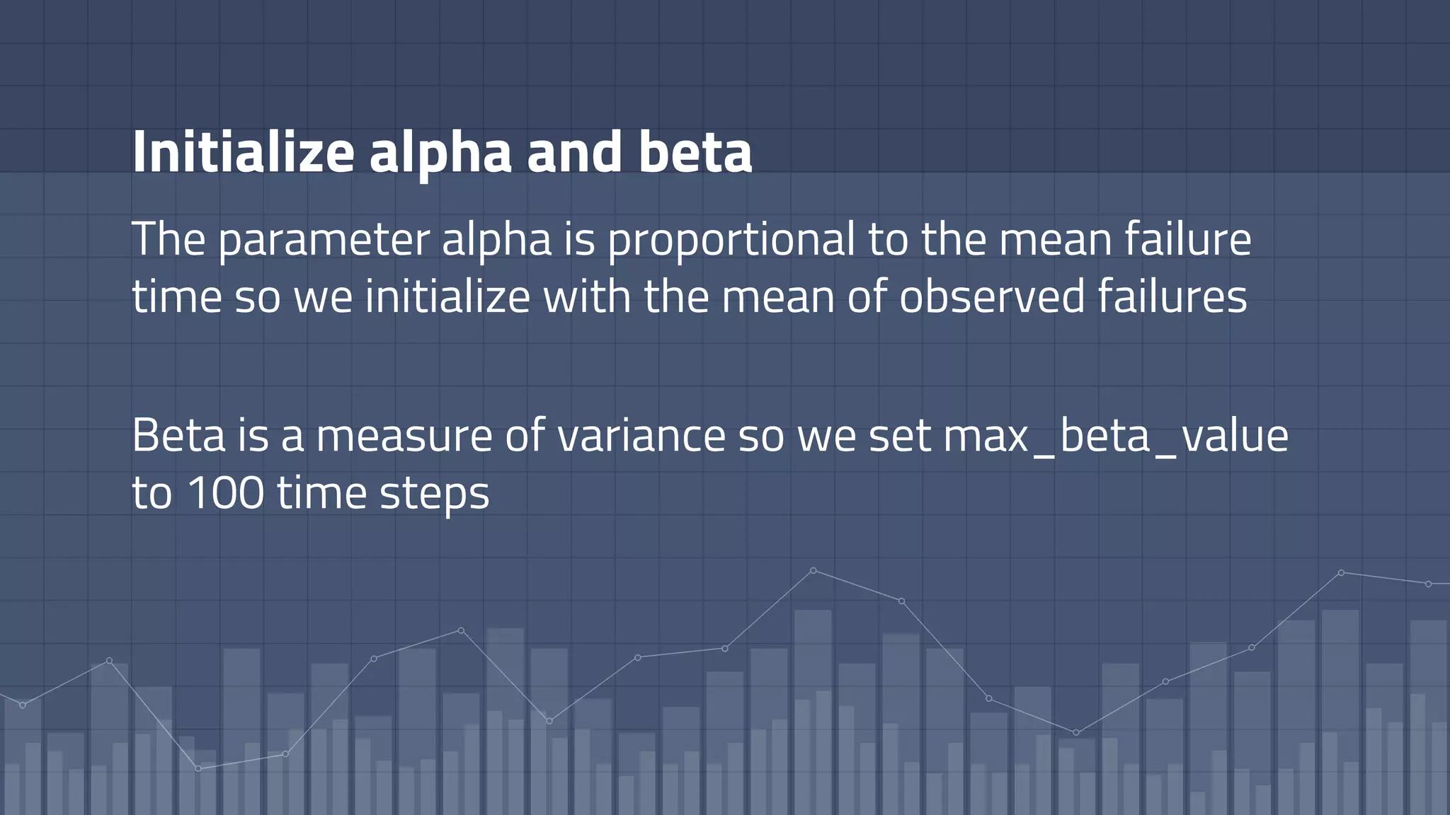 Initialize alpha and beta
The parameter alpha is proportional to the mean failure
time so we initialize with the mean of observed failures
Beta is a measure of variance so we set max_beta_value
to 100 time steps
 