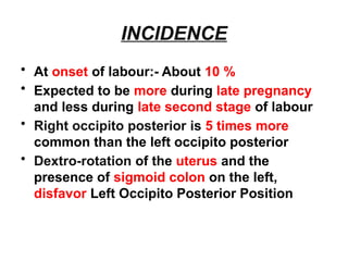 INCIDENCE
• At onset of labour:- About 10 %
• Expected to be more during late pregnancy
and less during late second stage of labour
• Right occipito posterior is 5 times more
common than the left occipito posterior
• Dextro-rotation of the uterus and the
presence of sigmoid colon on the left,
disfavor Left Occipito Posterior Position
 