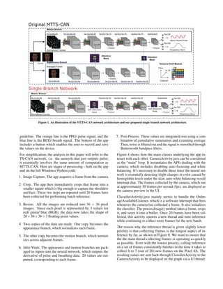 Figure 1. An illustration of the MTTS-CAN network architecture and our proposed single branch network architecture.
guideline. The orange line is the PPG/ pulse signal, and the
blue line is the BCG/ breath signal. The bottom of the app
includes a button which enables the user to record and save
the values on the device.
For simplification, the analysis in this paper will refer to the
TS-CAN network, i.e. the network that just outputs pulse;
it essentially involves the same amount of computation as
MTTS-CAN. Here are stages of processing - both on the app
and on the full Windows/ Python code:
1. Image Capture. The app acquires a frame from the camera.
2. Crop. The app then immediately crops that frame into a
smaller square which is big enough to capture the shoulders
and face. These two steps are repeated until 20 frames have
been collected for performing batch inference.
3. Resize. All the images are reduced into 36 × 36 pixel
images. Since each pixel is represented by 3 values for
red/ green/ blue (RGB), the data now takes the shape of
20×36×36×3 floating-point values.
4. Two copies of the data are made. One copy becomes the
appearance branch, which normalizes each frame.
5. The other copy becomes the motion branch, which normal-
izes across adjacent frames.
6. Infer Vitals. The appearance and motion branches are pack-
aged as inputs into the neural network, which outputs the
derivative of pulse and breathing data. 20 values are out-
putted, corresponding to each frame.
7. Post-Process. These values are integrated over using a com-
bination of cumulative summation and a running average.
Then, noise is filtered out and the signal is smoothed through
Butterworth bandpass filters.
Figure 4 shows how the main classes underlying the app in-
teract with each other. CameraActivity.java can be considered
as the “main” loop. It instantiates the APIs dealing with the
camera, which includes disabling auto focusing and white
balancing. It’s necessary to disable these since the neural net-
work is essentially detecting slight changes in color caused by
hemoglobin levels under the skin; auto white balancing would
interrupt that. The frames collected by the camera, which run
at approximately 30 frames per second (fps), are displayed as
the camera preview in the UI.
ClassifierActivity.java mainly serves to handle the OnIm-
ageAvailableListener, which is a software interrupt that fires
whenever the camera has collected a frame. It also initializes
the classifier. The processImage() method takes a frame, crops
it, and saves it into a buffer. Once 20 frames have been col-
lected, this activity spawns a new thread and runs inference
while continuing to collect more frames for the next batch.
The reason why the inference thread is given slightly lower
priority is that collecting frames is the longest aspect of in-
ference by far, as shown in Figure 8. We want to ensure that
the the main thread collecting frames is operating as quickly
as possible. Even with the lowest priority, calling inference
on a set of frames consistently finishes in the time it takes to
collect 6 to 7 (out of 20) new frames on the Pixel 4A. The
resulting values are sent back through ClassifierActivity to the
CameraActivity to be displayed on the graph via a UI thread.
 