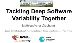 Tackling Deep Software
Variability Together
Mathieu Acher @acherm
Special thanks to Luc Lesoil, Jean-Marc Jézéquel, Juliana Alves Pereira, and Paul Temple
 