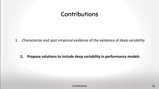 1. Characterize and spot empirical evidence of the existence of deep variability
2. Propose solutions to include deep variability in performance models
Contributions
Contributions 30
 