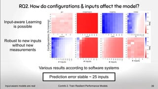 RQ2. How do conﬁgurations & inputs affect the model?
Input-aware Learning
is possible
Robust to new inputs
without new
measurements
Prediction error stable ~ 25 inputs
Various results according to software systems
Contrib 2. Train Resilient Performance Models
Input-aware models are real 39
 