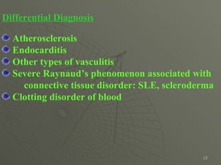 Differential Diagnosis Atherosclerosis Endocarditis Other types of vasculitis Severe Raynaud’s phenomenon associated with  connective tissue disorder: SLE, scleroderma Clotting disorder of blood 