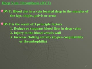 Deep Vein Thrombosis (DVT) DVT: Blood clot in a vein located deep in the muscles of  the legs, thighs, pelvis or arms DVT is the result of 3 principle factors 1. Reduce or stagnant blood flow in deep veins  2. Injury to the blood vessels wall 3. Increase clotting activity (hyper-coagulability    or thrombophilia) 