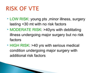  LOW RISK: young pts ,minor illness, surgery
lasting <30 mt with no risk factors
 MODERATE RISK: >40yrs with deblitating
illness undergoing major surgery but no risk
factors
 HIGH RISK: >40 yrs with serious medical
condition undergoing major surgery with
additional risk factors
 