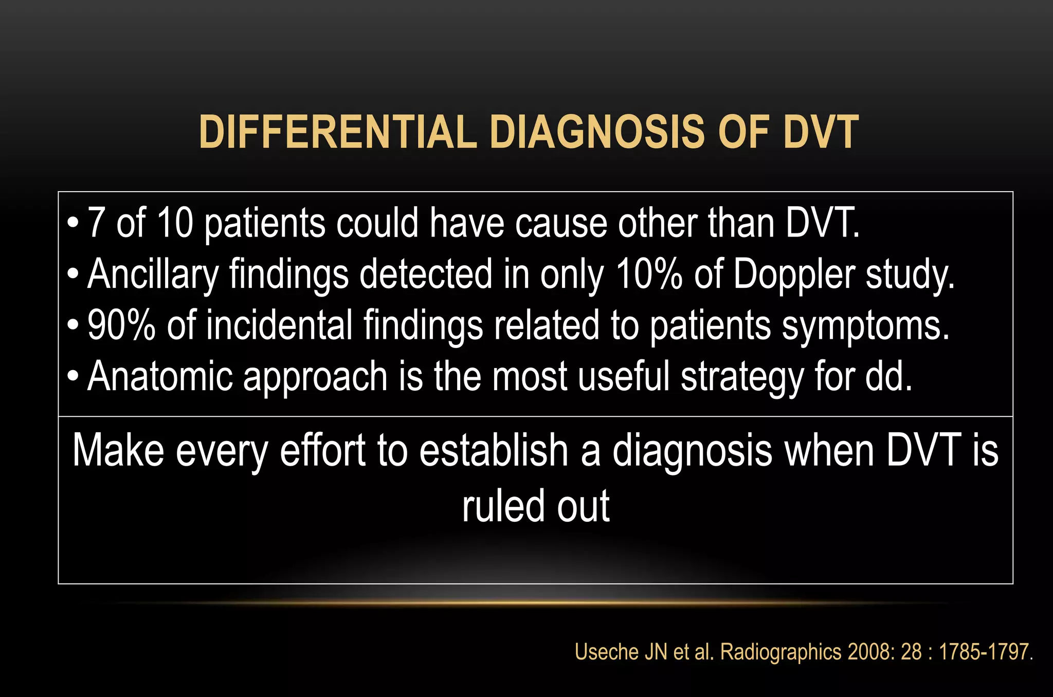 DIFFERENTIAL DIAGNOSIS OF DVT
Useche JN et al. Radiographics 2008: 28 : 1785-1797.
• 7 of 10 patients could have cause other than DVT.
• Ancillary findings detected in only 10% of Doppler study.
• 90% of incidental findings related to patients symptoms.
• Anatomic approach is the most useful strategy for dd.
Make every effort to establish a diagnosis when DVT is
ruled out
 