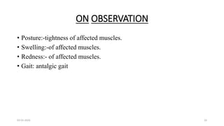 ON OBSERVATION
• Posture:-tightness of affected muscles.
• Swelling:-of affected muscles.
• Redness:- of affected muscles.
• Gait: antalgic gait
03-01-2024 33
 