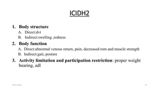 ICIDH2
1. Body structure
A. Direct:dvt
B. Indirect:swelling ,redness
2. Body function
A. Direct:abnormal venous return, pain, decreased rom and muscle strength
B. Indirect:gait, posture
3. Activity limitation and participation restriction: proper weight
bearing, adl
03-01-2024 37
 