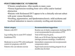 •POSTTHROMBOTIC SYNDROME
•Chronic complication- After months to many years
•Venous hypertension resulting from valve reflux and/or luminal
obstruction
•Patients with Iliofemoral DVT appear to be a clinically relevant subset
with acute venous thrombosis.
•Swelling, pigmentation, and lipodermatosclerosis. mild erythema and
localized induration to massive extremity swelling and ulceration
 