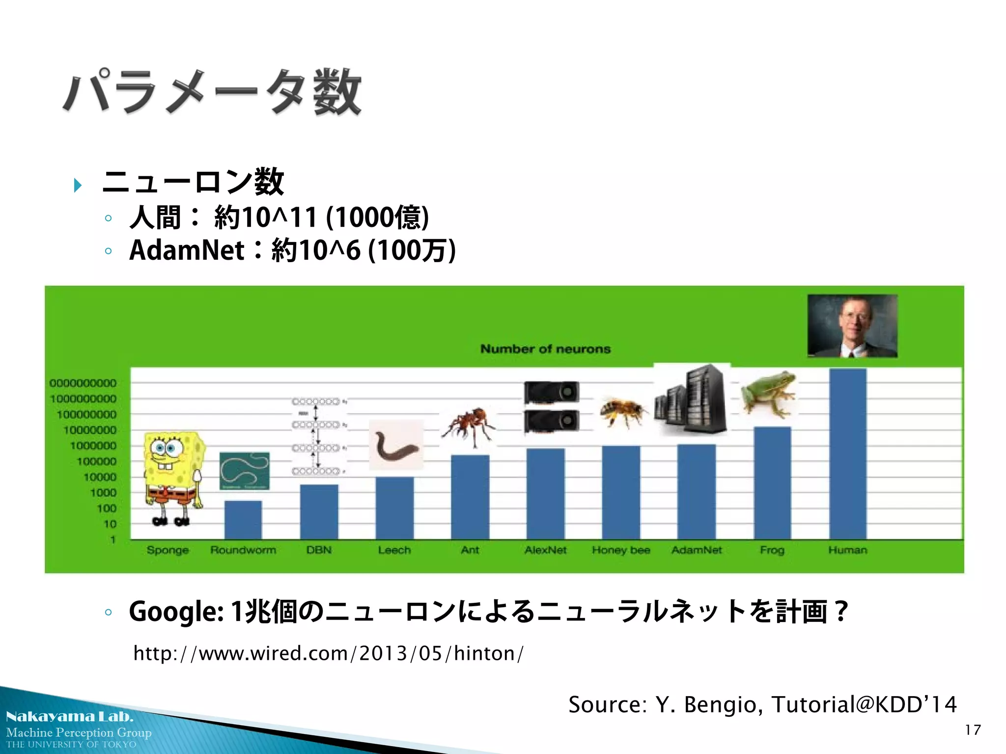 Nakayama Lab. 
Machine Perception Group 
The University of Tokyo 
 
ニューロン数 
◦ 
人間： 約10^11 (1000億) 
◦ 
AdamNet：約10^6 (100万) 
◦ 
Google: 1兆個のニューロンによるニューラルネットを計画？ 17 
Source: Y. Bengio, Tutorial@KDD’14 
http://www.wired.com/2013/05/hinton/  