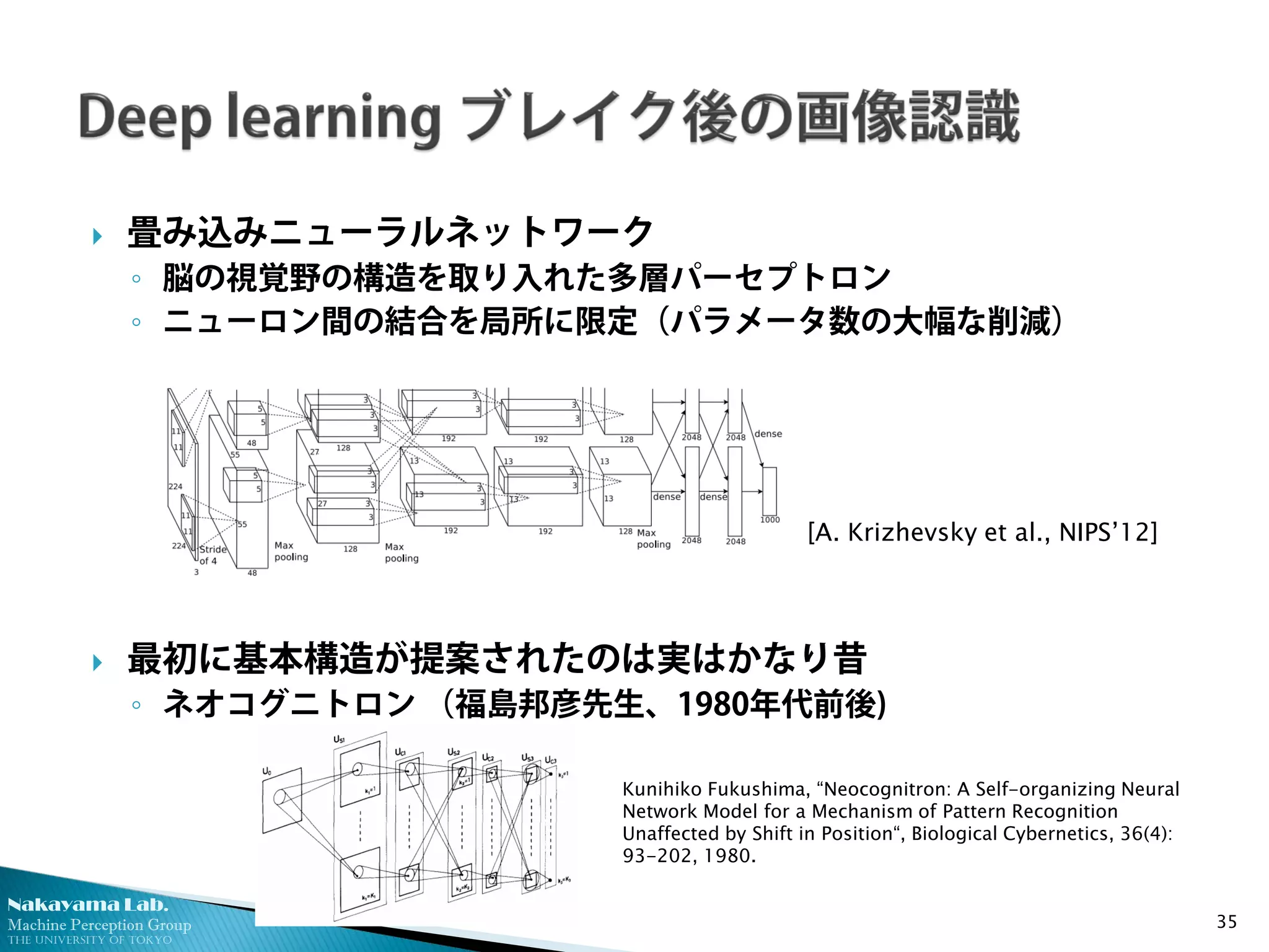 Nakayama Lab. 
Machine Perception Group 
The University of Tokyo 
 
畳み込みニューラルネットワーク 
◦ 
脳の視覚野の構造を取り入れた多層パーセプトロン 
◦ 
ニューロン間の結合を局所に限定（パラメータ数の大幅な削減） 
最初に基本構造が提案されたのは実はかなり昔 
◦ネオコグニトロン （福島邦彦先生、1980年代前後) 35 
[A. Krizhevsky et al., NIPS’12] 
Kunihiko Fukushima, “Neocognitron: A Self-organizing Neural Network Model for a Mechanism of Pattern Recognition Unaffected by Shift in Position“, Biological Cybernetics, 36(4): 93-202, 1980.  