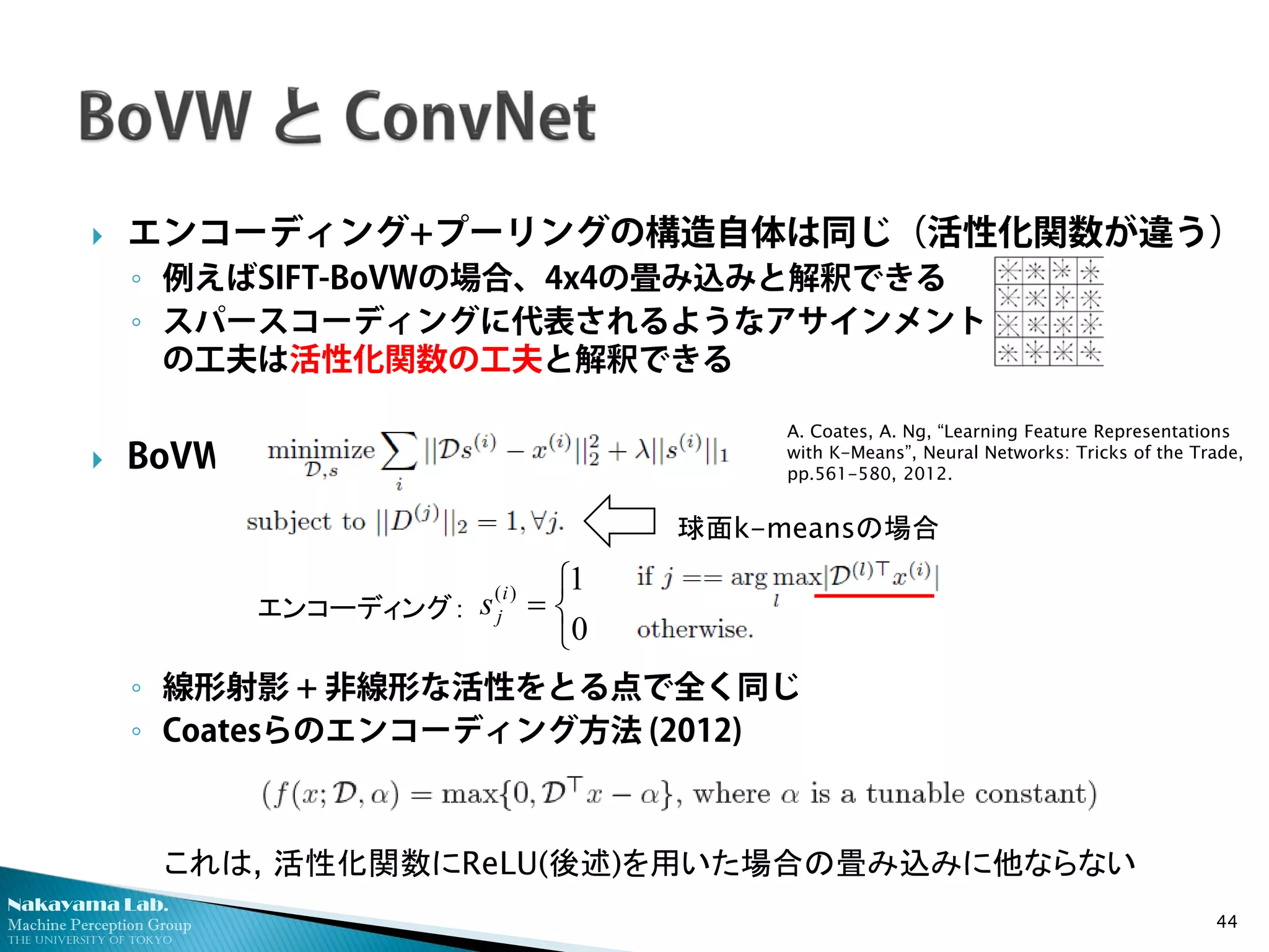 Nakayama Lab. 
Machine Perception Group 
The University of Tokyo 
 
エンコーディング+プーリングの構造自体は同じ（活性化関数が違う） 
◦ 
例えばSIFT-BoVWの場合、4x4の畳み込みと解釈できる 
◦ 
スパースコーディングに代表されるようなアサインメント の工夫は活性化関数の工夫と解釈できる 
BoVW 
◦線形射影 + 非線形な活性をとる点で全く同じ 
◦Coatesらのエンコーディング方法 (2012) 
これは, 活性化関数にReLU(後述)を用いた場合の畳み込みに他ならない 44 
球面k-meansの場合 
エンコーディング： 
A. 
Coates, A. Ng, “Learning Feature Representations with K-Means”, Neural Networks: Tricks of the Trade, pp.561-580, 2012. 
 = 01)(ijs  