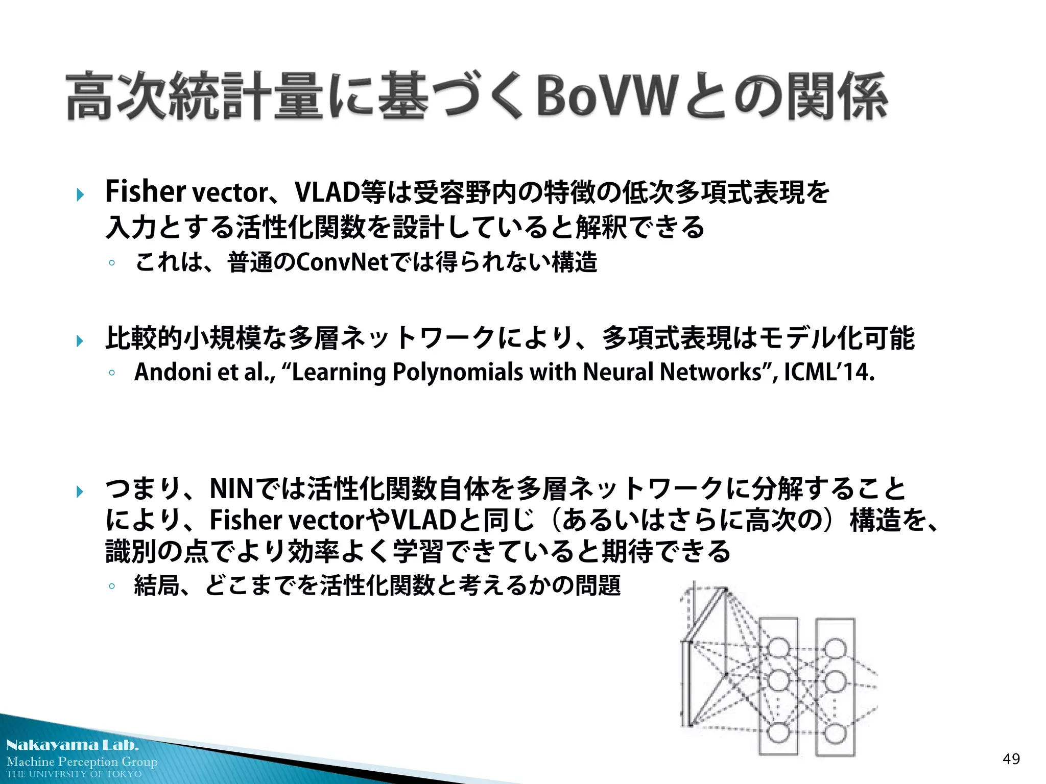 Nakayama Lab. 
Machine Perception Group 
The University of Tokyo 
 
Fisher vector、VLAD等は受容野内の特徴の低次多項式表現を 入力とする活性化関数を設計していると解釈できる 
◦ 
これは、普通のConvNetでは得られない構造 
 
比較的小規模な多層ネットワークにより、多項式表現はモデル化可能 
◦ 
Andoni et al., “Learning Polynomials with Neural Networks”, ICML’14. 
つまり、NINでは活性化関数自体を多層ネットワークに分解すること により、Fisher vectorやVLADと同じ（あるいはさらに高次の）構造を、 識別の点でより効率よく学習できていると期待できる 
◦結局、どこまでを活性化関数と考えるかの問題 49 
 