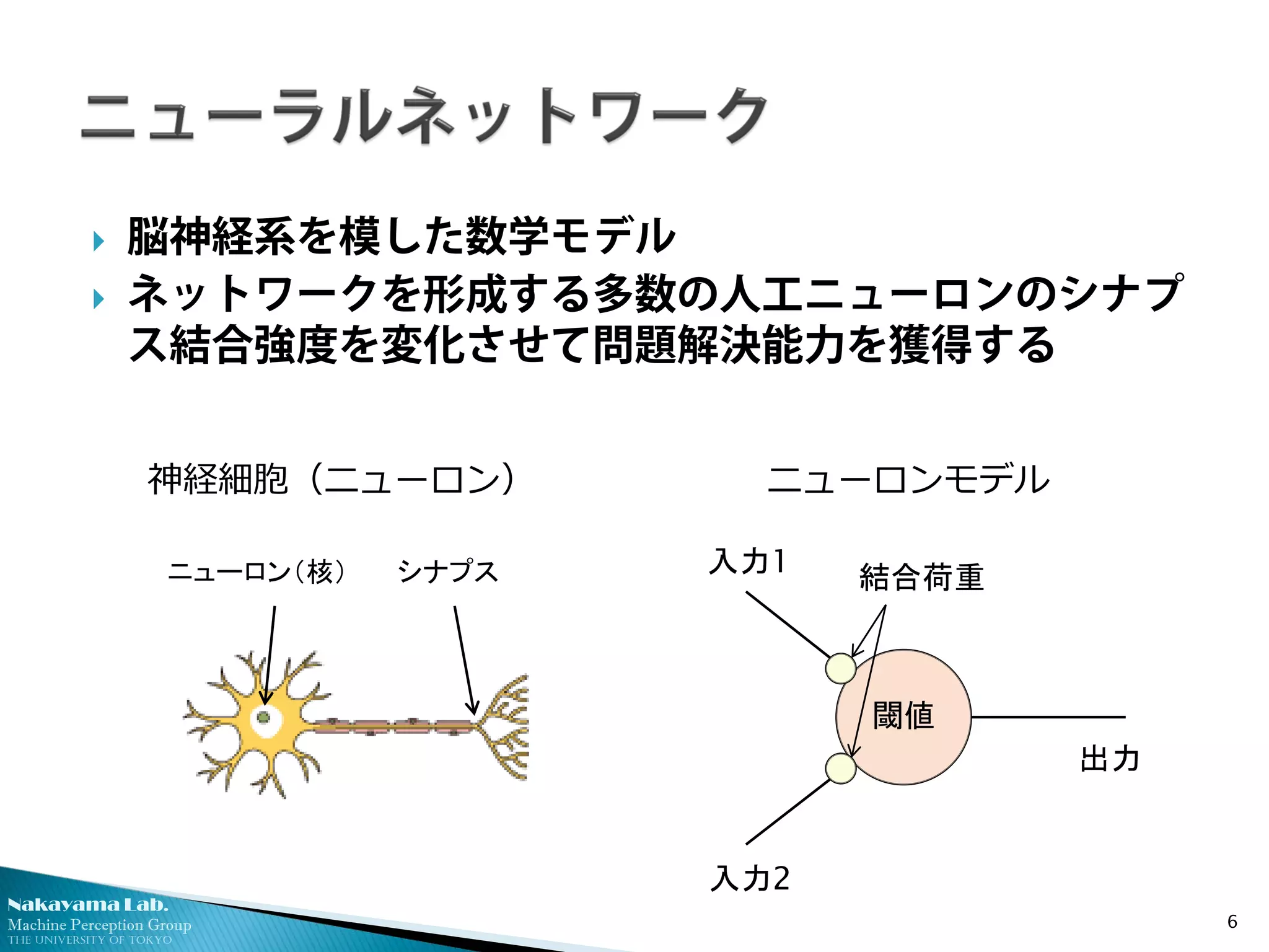 Nakayama Lab. 
Machine Perception Group 
The University of Tokyo 
 
脳神経系を模した数学モデル 
 
ネットワークを形成する多数の人工ニューロンのシナプ ス結合強度を変化させて問題解決能力を獲得する 6 
ニューロンモデル 
神経細胞（ニューロン） 
閾値 
入力2 
入力1 
出力 
結合荷重 
ニューロン（核） 
シナプス  