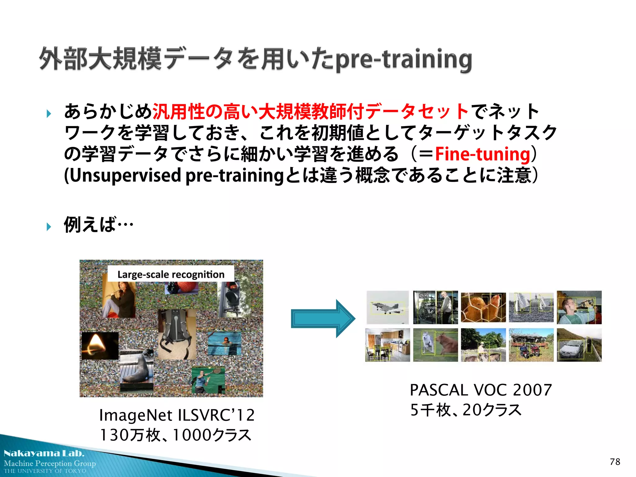 Nakayama Lab. 
Machine Perception Group 
The University of Tokyo 
 
あらかじめ汎用性の高い大規模教師付データセットでネット ワークを学習しておき、これを初期値としてターゲットタスク の学習データでさらに細かい学習を進める（＝Fine-tuning） (Unsupervised pre-trainingとは違う概念であることに注意） 
 
例えば… 78 
ImageNet ILSVRC’12 130万枚、1000クラス 
PASCAL VOC 2007 
5千枚、20クラス  