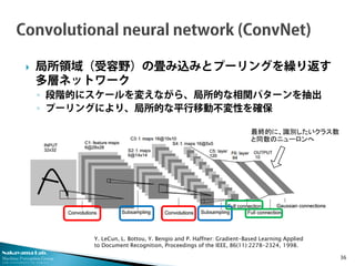 Nakayama Lab. 
Machine Perception Group 
The University of Tokyo 
 
局所領域（受容野）の畳み込みとプーリングを繰り返す 多層ネットワーク 
◦ 
段階的にスケールを変えながら、局所的な相関パターンを抽出 
◦ 
プーリングにより、局所的な平行移動不変性を確保 
36 
Y. LeCun, L. Bottou, Y. Bengio and P. Haffner: Gradient-Based Learning Applied to Document Recognition, Proceedings of the IEEE, 86(11):2278-2324, 1998. 
最終的に、識別したいクラス数 と同数のニューロンへ  