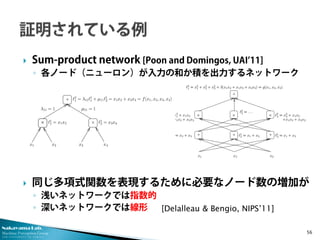 Nakayama Lab. 
Machine Perception Group 
The University of Tokyo 
 
Sum-product network [Poon and Domingos, UAI’11] 
◦ 
各ノード（ニューロン）が入力の和か積を出力するネットワーク 
 
同じ多項式関数を表現するために必要なノード数の増加が 
◦ 
浅いネットワークでは指数的 
◦ 
深いネットワークでは線形 56 
[Delalleau & Bengio, NIPS’11]  