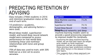 PREDICTING RETENTION BY
ADVISING
•Data includes 27666 students in 2016
and retention/graduation status at the
end of each term.
•10 predictors—academic,
demographic, and advising factors—
were used.
•Mixed deep model, superlearner
model, and tuned deep neural network
model were compared to assess
performance on real-world data
exhibiting linear and nonlinear
relationships with noise and group
overlap.
•70% of data was used to train, with 30%
held out as a test set to assess
accuracy.
Algorithm Accuracy
Deep Machine Learning
Network
73.2%
Superlearner Model 74.1%
Tuned Deep Neural
Network
74.4%
•Deep neural networks and deep
machine learning models seem to
provide a good processing sequence
to improve model fits iteratively.
• Examining the deep machine learning
model, we see that later layers do weight
prior models as fairly important
predictors, and we see evidence that
these previous layer predictions combine
with other factors in the dataset in these
later layers.
• This suggests that a deep approach can
 