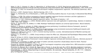 • Aliper, A., Plis, S., Artemov, A., Ulloa, A., Mamoshina, P., & Zhavoronkov, A. (2016). Deep learning applications for predicting
pharmacological properties of drugs and drug repurposing using transcriptomic data. Molecular pharmaceutics, 13(7), 2524-2530.
• Altman, N. S. (1992). An introduction to kernel and nearest-neighbor nonparametric regression. The American Statistician, 46(3),
175-185.
• Breiman, L. (2001). Random forests. Machine learning, 45(1), 5-32.
• Dekker, G., Pechenizkiy, M., & Vleeshouwers, J. (2009, July). Predicting students drop out: A case study. In Educational Data Mining
2009.
• Devroye, L. (1978). The uniform convergence of nearest neighbor regression function estimators and their application in
optimization. IEEE Transactions on Information Theory, 24(2), 142-151.
• Friedman, J. H. (1991). Multivariate adaptive regression splines. The annals of statistics, 1-67.
• Friedman, J. H., & Meulman, J. J. (2003). Multiple additive regression trees with application in epidemiology. Statistics in medicine,
22(9), 1365-1381. outliers
• Hornik, K., Stinchcombe, M., & White, H. (1989). Multilayer feedforward networks are universal approximators. Neural networks,
2(5), 359-366.
• Hothorn, T., Hornik, K., & Zeileis, A. (2006). Unbiased recursive partitioning: A conditional inference framework. Journal of
Computational and Graphical statistics, 15(3), 651-674.
• Huang, G. B., Chen, L., & Siew, C. K. (2006). Universal approximation using incremental constructive feedforward networks with
random hidden nodes. IEEE Trans. Neural Networks, 17(4), 879-892.
• Huang, G. B., Wang, D. H., & Lan, Y. (2011). Extreme learning machines: a survey. International Journal of Machine Learning and
Cybernetics, 2(2), 107-122.
• Huberty, C. J., & Lowman, L. L. (2000). Group overlap as a basis for effect size. Educational and Psychological Measurement, 60(4),
543-563.
• Kang, B., & Choo, H. (2016). A deep-learning-based emergency alert system. ICT Express, 2(2), 67-70.
• Lian, H. (2011). Convergence of functional k-nearest neighbor regression estimate with functional responses. Electronic Journal of
Statistics, 5, 31-40.
• Osborne, J. W., & Overbay, A. (2004). The power of outliers (and why researchers should always check for them). Practical
assessment, research & evaluation, 9(6), 1-12.
• Ozuysal, M., Calonder, M., Lepetit, V., & Fua, P. (2010). Fast keypoint recognition using random ferns. IEEE transactions on pattern
analysis and machine intelligence, 32(3), 448-461.
• Pirracchio, R., Petersen, M. L., Carone, M., Rigon, M. R., Chevret, S., & van der Laan, M. J. (2015). Mortality prediction in intensive
care units with the Super ICU Learner Algorithm (SICULA): a population-based study. The Lancet Respiratory Medicine, 3(1), 42-52.
• Schmidhuber, J. (2015). Deep learning in neural networks: An overview. Neural networks, 61, 85-117. –industry
and competition/robots
 
