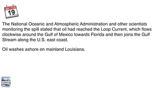 The National Oceanic and Atmospheric Administration and other scientists
monitoring the spill stated that oil had reached the Loop Current, which ﬂows
clockwise around the Gulf of Mexico towards Florida and then joins the Gulf
Stream along the U.S. east coast.

Oil washes ashore on mainland Louisiana.
 