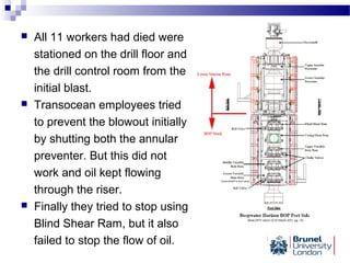  All 11 workers had died were
stationed on the drill floor and
the drill control room from the
initial blast.
 Transocean employees tried
to prevent the blowout initially
by shutting both the annular
preventer. But this did not
work and oil kept flowing
through the riser.
 Finally they tried to stop using
Blind Shear Ram, but it also
failed to stop the flow of oil.
 