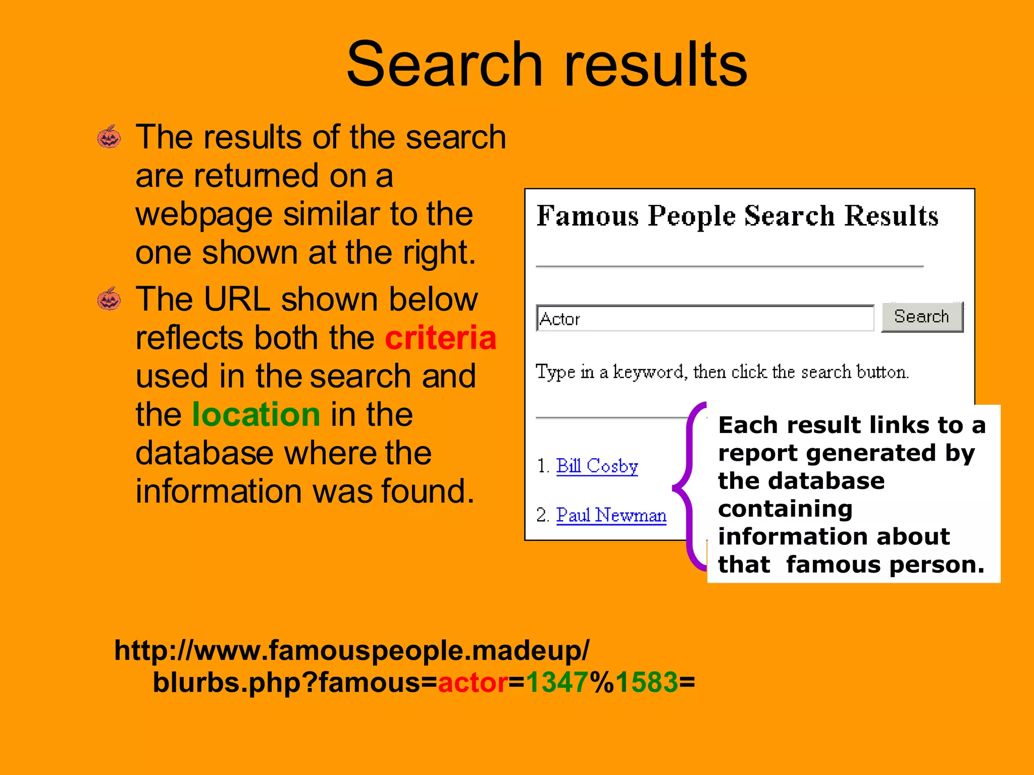 Search results http://www.famouspeople.madeup/ blurbs.php?famous= actor = 1347 % 1 583 = The results of the search are returned on a webpage similar to the one shown at the right. The URL shown below reflects both the  criteria   used in the search and the  location  in the database where the information was found. Each result links to a report generated by the database containing information about that  famous person. 