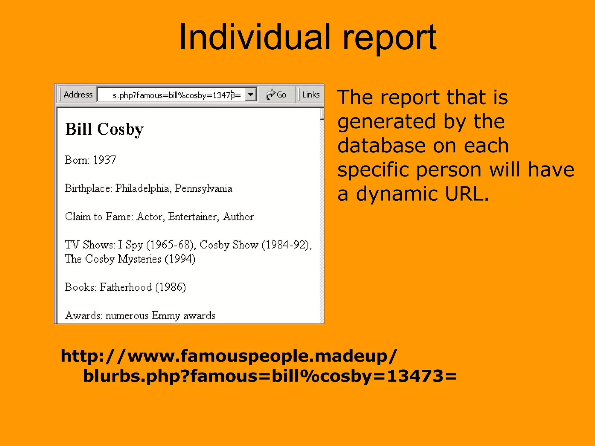 Individual report http://www.famouspeople.madeup/ blurbs.php?famous=bill%cosby=13473= The report that is generated by the database on each specific person will have a dynamic URL. 